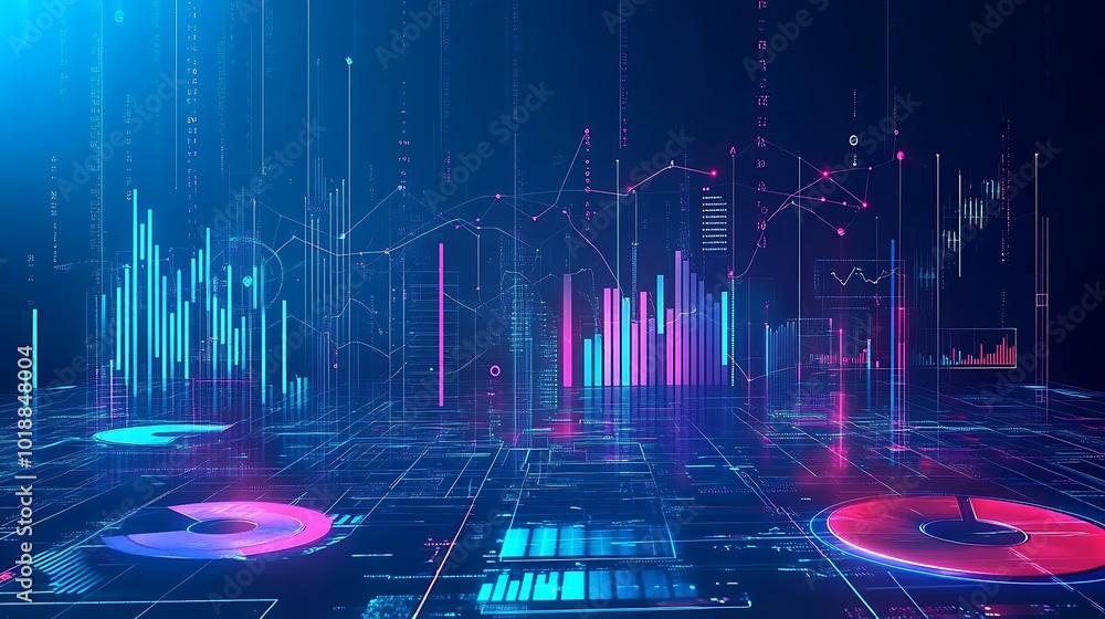 Poster abstract futuristic digital data visualization with glowing lines, graphs, and charts on a dark blue