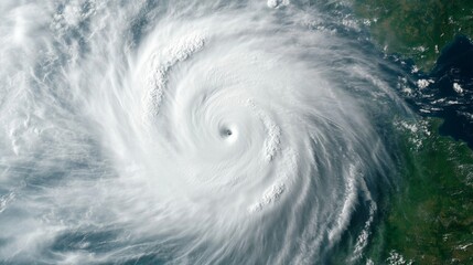 Satellite imagery of a massive tropical cyclone making landfall, visible spiral cloud bands, atmospheric phenomena theme 