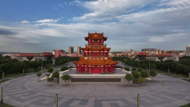 view of ancinet pavilion by river huang he in shanxi