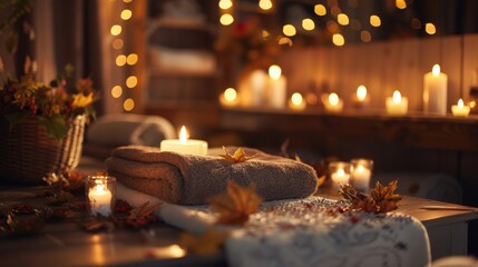 Columbus Day Spa Retreat Promotion with Serene Autumn Decor and Relaxing Ambiance