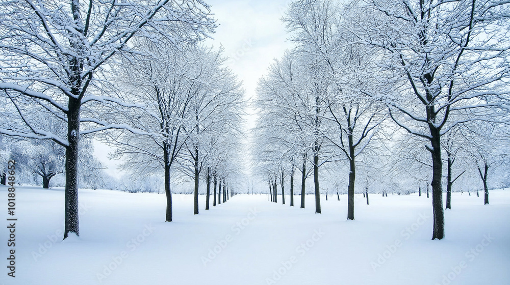 Wall mural Serene snow-covered woodland with frost-laden branches nestled under a pale winter sky during December 