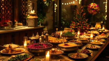 Naklejka premium Luxurious Diwali Dining Experience with Traditional Indian Dishes and Candlelit Ambiance