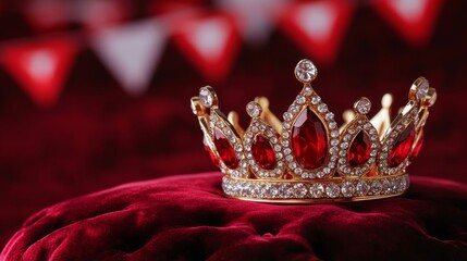 Shiny homecoming crown resting on a velvet cushion with school banners in the background, royalty theme 