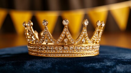Shiny homecoming crown resting on a velvet cushion with school banners in the background, royalty theme 