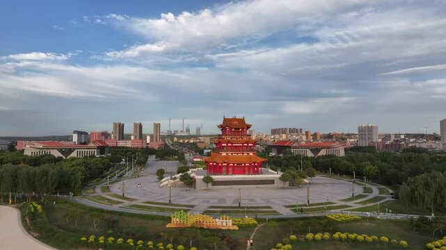 view of ancinet pavilion by river huang he in shanxi