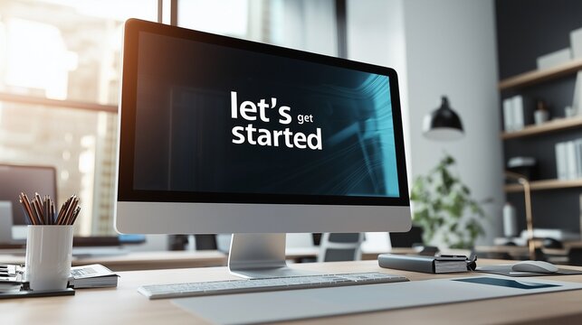Modern computer monitor with phrase "let's get started" on screen in office.