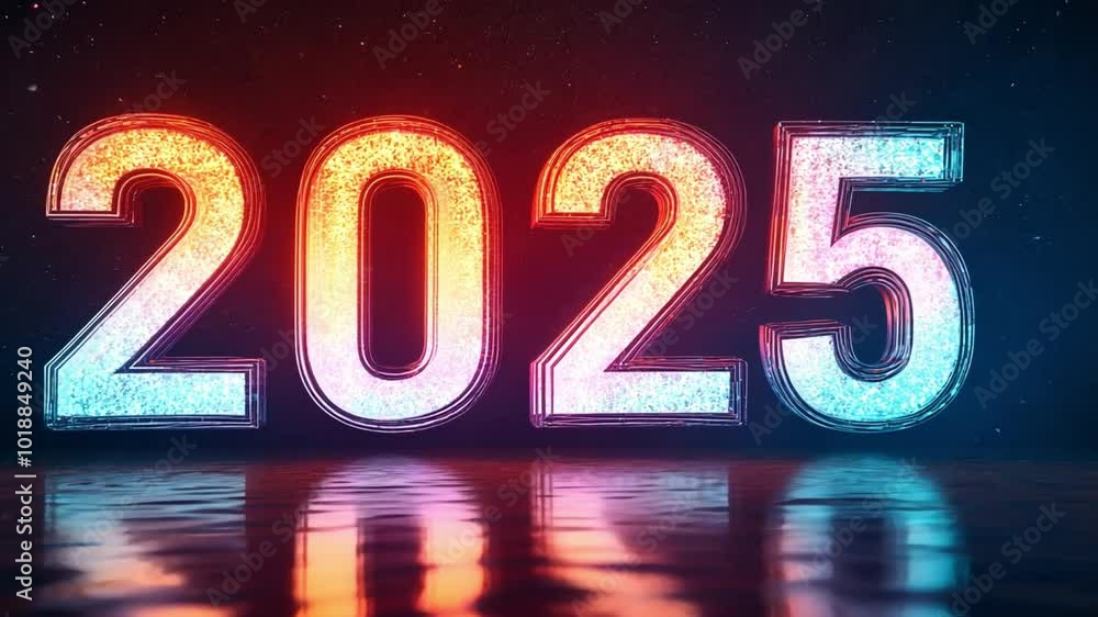Poster colorful illuminated numbers 2025 reflecting on a shimmering surface with a vibrant background