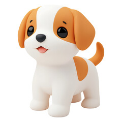Cute 3D cartoon puppy with brown spots, large black eyes, and a white body. A playful, simplified 3D style, ideal for children's themes or toy illustrations. Isolated on transparent background, png.