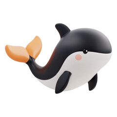 Obraz premium Cute 3D cartoon whale with a black and white body and an orange tail. The whale has a happy and playful expression, perfect for fun and marine-themed designs. Isolated on transparent background, png.