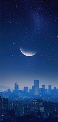 Naklejka premium A stunning city skyline at night illuminated by stars and a crescent moon, creating a perfect phone wallpaper