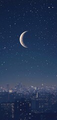 Naklejka premium Stunning city skyline at night under a crescent moon and twinkling stars, perfect for a vertical phone wallpaper