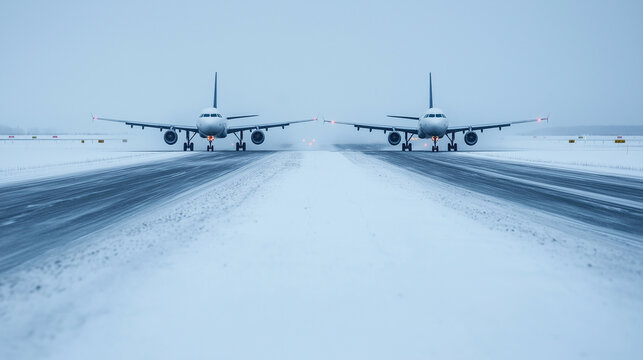 Snow-covered airport runway with planes grounded, illustrating flight delays and cancellations caused by heavy snow 