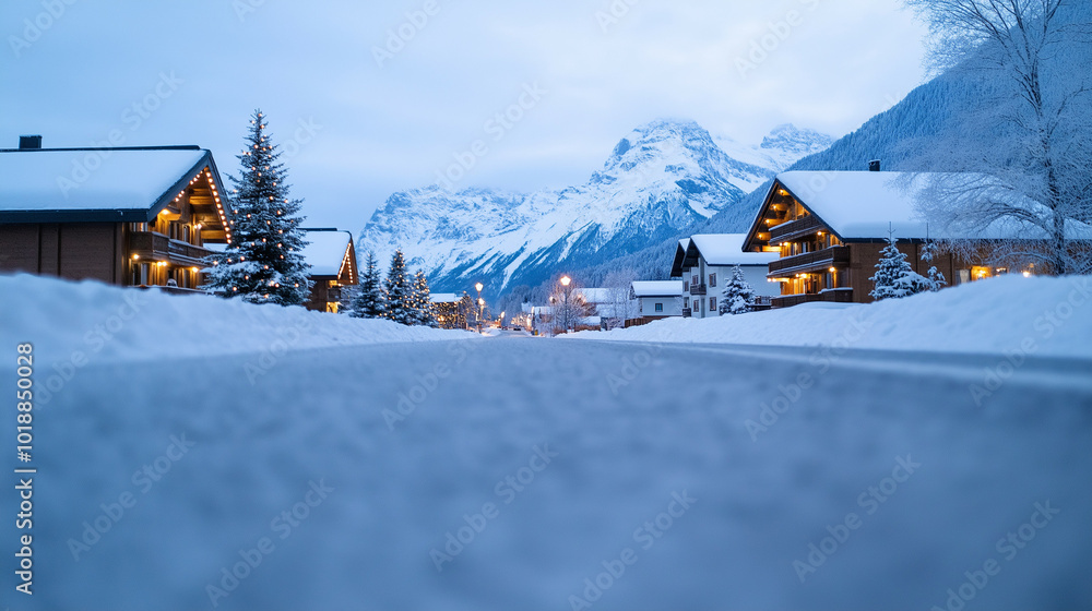 Wall mural Snow-covered streets of an Alpine village at dusk, with festive lights and cozy chalets, ultimate winter destination 