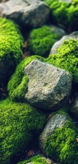 Close-up of vibrant green moss covering textured rocks in natural light, perfect for calming smartphone wallpaper