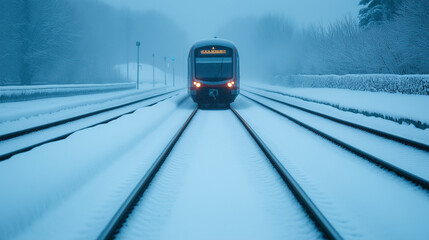 Naklejka premium Snow-covered train tracks, causing delays and disruptions in transportation systems during harsh winter weather 