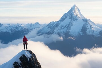 Fototapeta premium A climber standing on a snowy peak gazes at majestic mountains during a clear morning in the alpine region