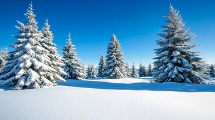 Fototapeta premium Snow-covered woodland with tall pine trees under a clear blue sky capturing the serene beauty of December 