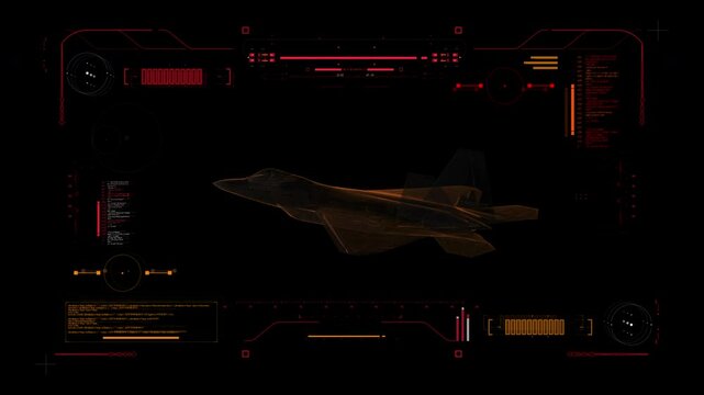 Digital Blueprint Scan of US Army Aircraft F 22 Raptor. Twin-Engine, All-Weather, Supersonic Stealth Fighter Aircraft. 5th Generation Plane. Futuristic User Interface HUD. Military Recon 360 View.