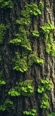 Close-up view of tree bark adorned with vibrant green moss capturing sunlight and shadow in a serene forest atmosphere