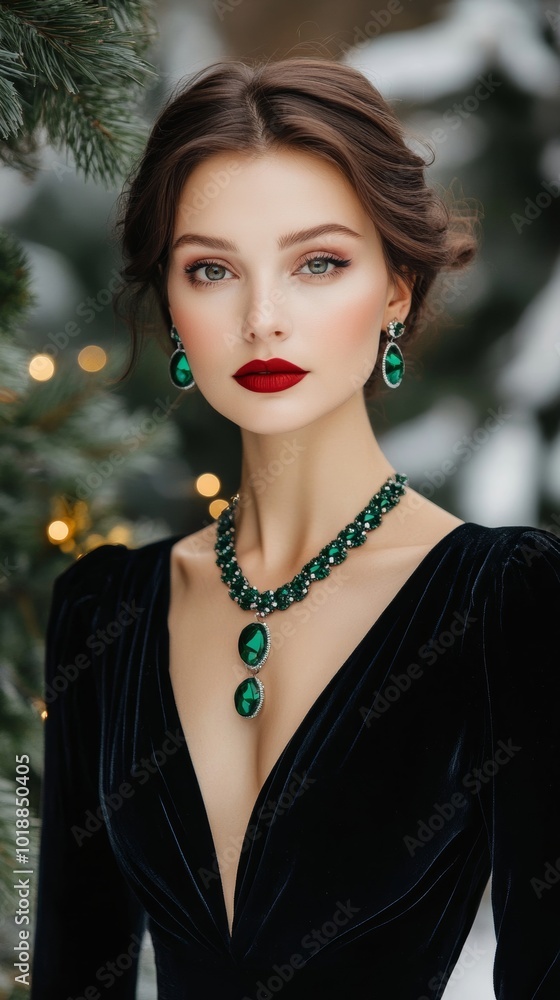 Wall mural Sophisticated Christmas look with a black velvet dress and emerald green accessories, perfect for an elegant holiday party 