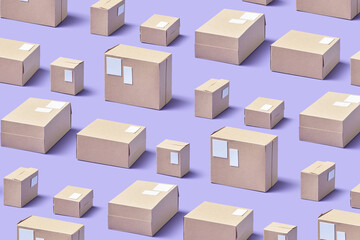 Seamless pattern of cardboard boxes on violet surface