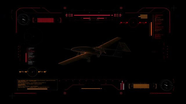 Digital Blueprint Scan of Turkish UCAV Drone Bayraktar TB2. Futuristic User Interface HUD. Military Recon 360 View.  Medium-Altitude Long-Endurance Unmanned Combat Aerial Vehicle.