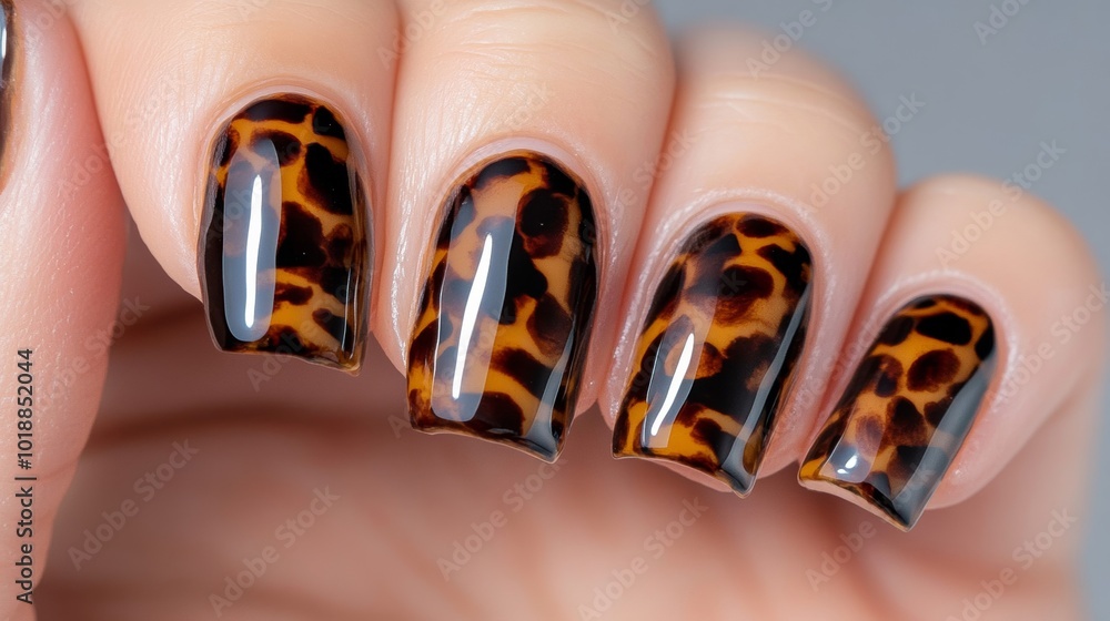 Poster tortoise shell nail art with a translucent amber base and swirled dark patterns, creating a natural,