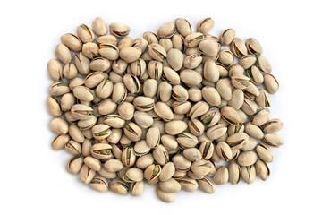 Roasted and salted pistachios in shell on a white background