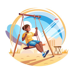 A kid swinging in a park, a flat style illustration 