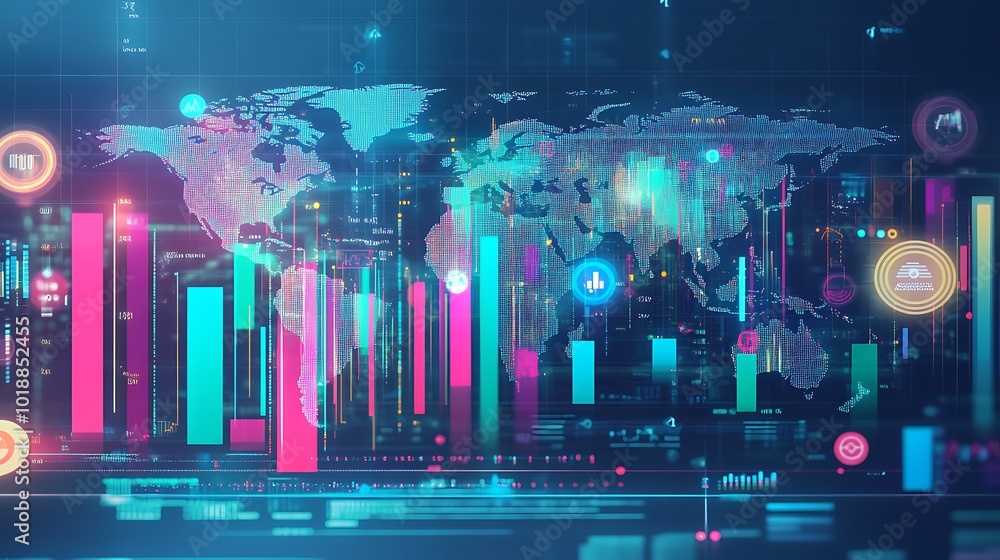 Poster A futuristic digital world map with bar graphs and data visualization showing global data flow and connectivity.