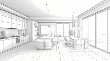 3d rendering. interior house modern open living space with kitchen.loft style duplex apartment residence.home decoration interior design.drawing line sketch to realistic. 3D Wireframe. Illustration