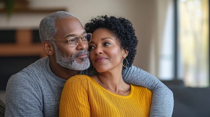 Obraz premium Affectionate Black couple enjoying a cozy moment indoors, radiating love and warmth.