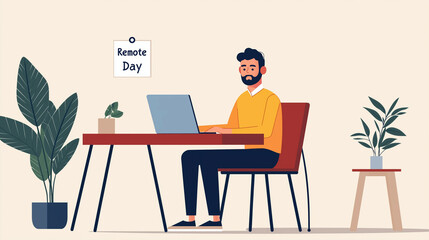 Worker at a home desk with a laptop, headset, and a Remote Day sticky note, hybrid jobs work-from-home setup 