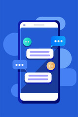 Phone messaging concept with speech bubbles on the screen. Mobile phone texting dialogue