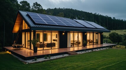 Obraz premium Modern self-sustaining home with large windows and rooftop solar panels, set in a peaceful natural environment. Perfect for showcasing eco-friendly living and sustainable architecture