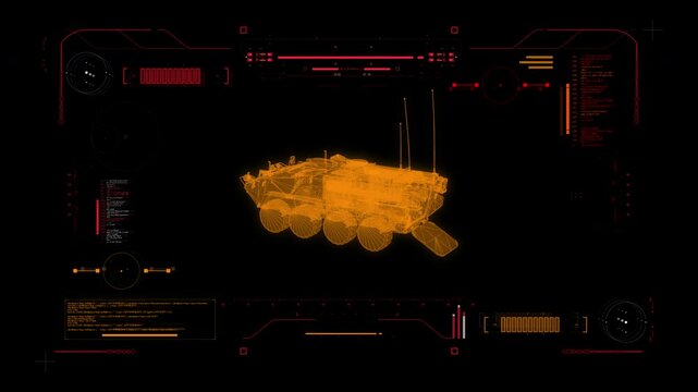 Digital Blueprint Scan of US Army IAV Stryker Combat Vehicle. Futuristic User Interface HUD. Military Recon 360 View. Eight Wheeled Armored Fighting Vehicle.