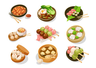 Various Asian food dishes including dumplings, ramen, and sushi on a white background. Concept of traditional Asian cuisine. Vector illustration
