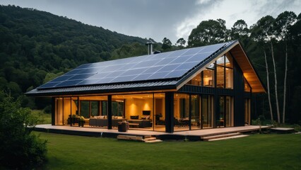 Fototapeta premium Modern self-sustaining home with large windows and rooftop solar panels, set in a peaceful natural environment. Perfect for showcasing eco-friendly living and sustainable architecture