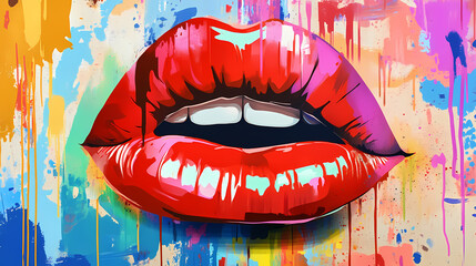 A colorful and vibrant graffiti of glossy red lips on a splattered paint background. Graffiti Drip. Illustration