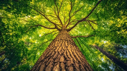 Fototapeta premium Leafy Tree with Thick Branches View from Below, Forest, Nature, Photo Realistic, Wallpaper, Cover and Screen for Smartphone, PC, Laptop, 9:16 and 16:9 Format