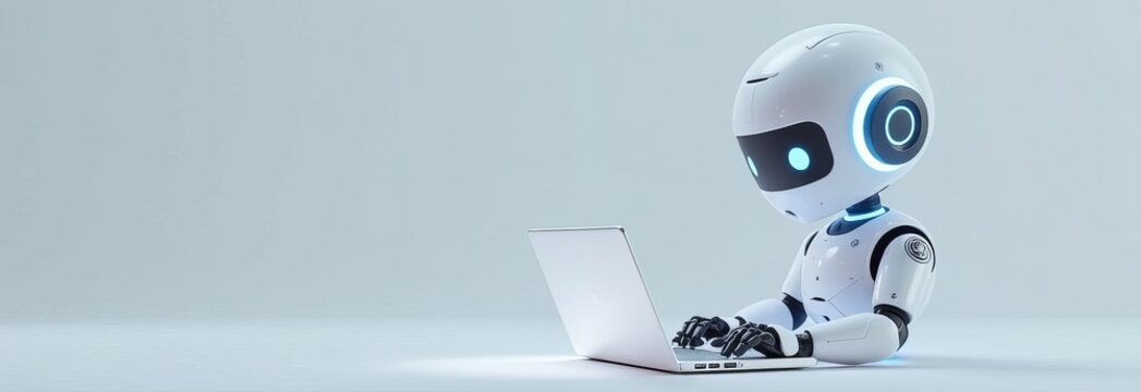 Cute friendly artificial intelligence robot using laptop computer with white neon glow light, chatbot and AI assistant concept futuristic technology 3d illustration, banner