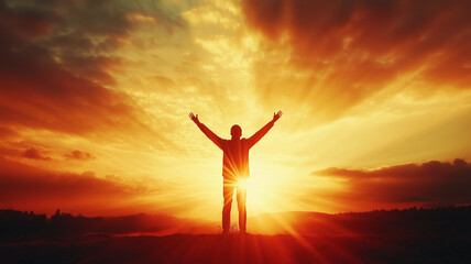 A person standing in front of a radiant sunrise their silhouette symbolizing hope and triumph