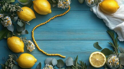Fresh lemons with beautiful decorations on a blue background