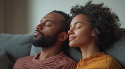 Obraz premium A Black couple enjoying a peaceful moment together, eyes closed, on a cozy sofa.