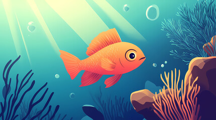 Naklejka premium A fish is swimming in the ocean with the sun shining on it. Coral Reef Lagoon. Illustration