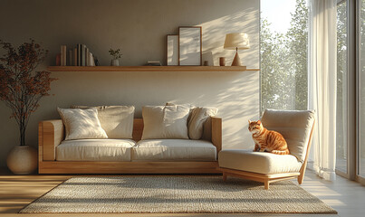 living interior with sofa and red cat, spacious living room interior, sofa, furniture in brown colors