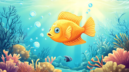 Fototapeta premium A fish is swimming in the ocean with the sun shining on it. Coral Reef Lagoon. Illustration