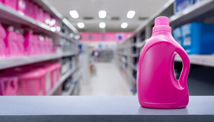 Pink detergent bottle on tabletop. Cleaning product container. Laundry concept. Mock-up.