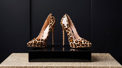 chic leopard print patent leather stiletto shoes on a fashionable background