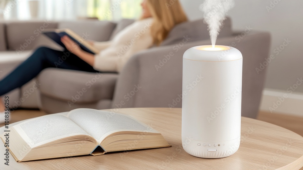 Poster Relaxing moments at home with aromatherapy diffuser and book, creating a peaceful atmosphere for reading and unwinding